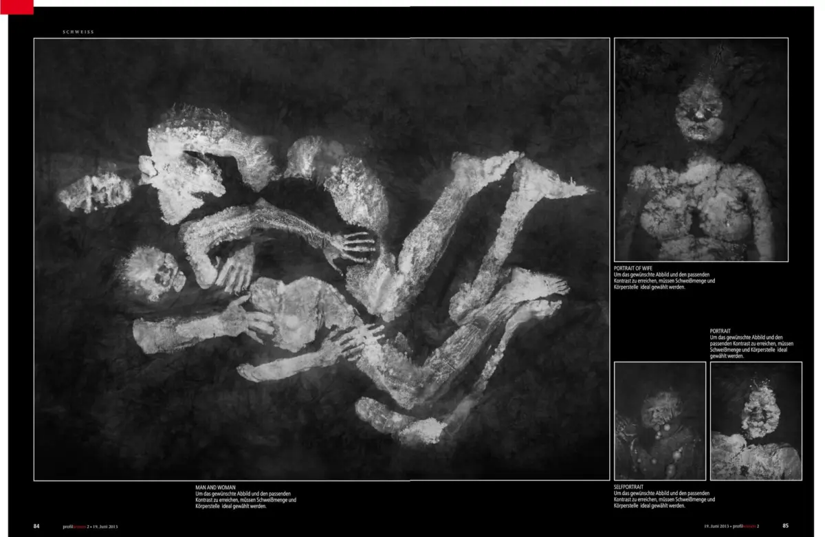 Monochrome magazine collage showing a man and woman intertwined in a large left panel; a smaller right portrait panel labeled 'MAN AND WOMAN'.