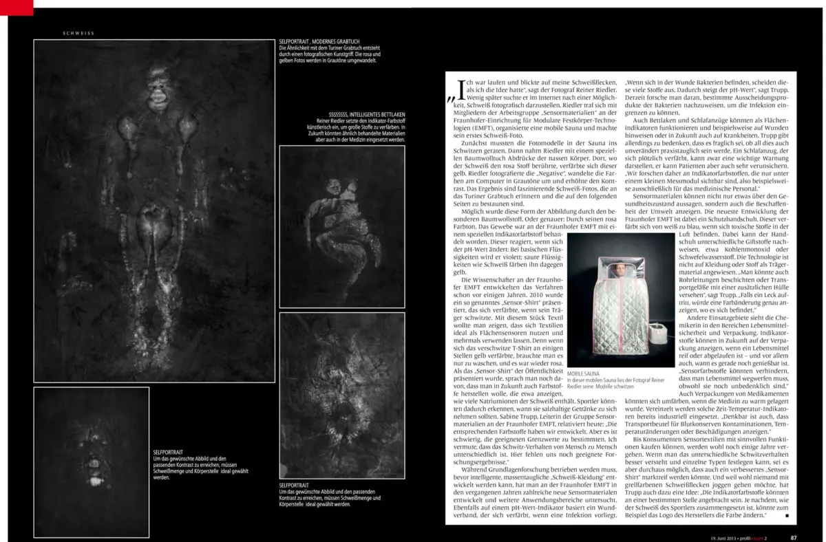 Two-page magazine spread of Reiner Riedler’s self-portrait series; grayscale, sweat-coated figures on a black background with German text and a small inset photo.