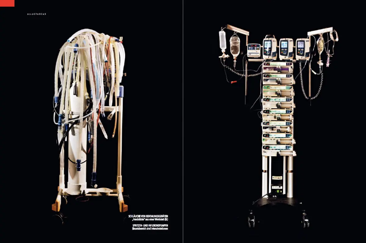 Two medical devices on a black background: left a tangled-tube anesthesia machine; right a tall infusion-pump tower with IV bags and monitors.