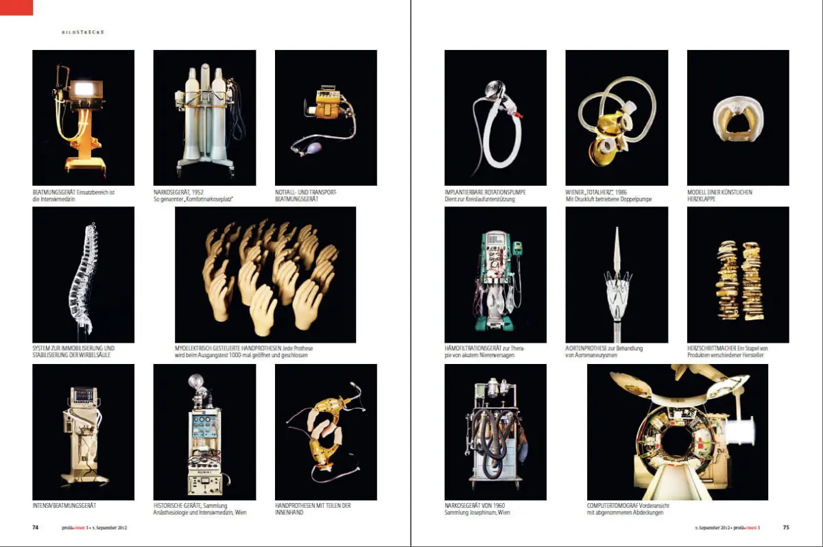 Grid of vintage medical devices on a black backdrop; includes pumps, prostheses, anesthesia gear, and various surgical instruments.