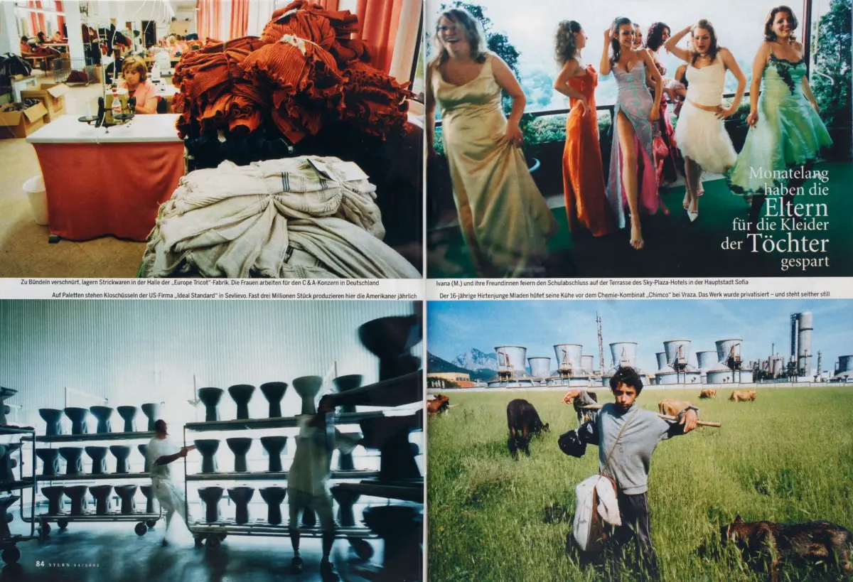Split spread: left sewing workshop with red fabric; right women in evening gowns on a terrace with German caption about saving for daughters' dresses.