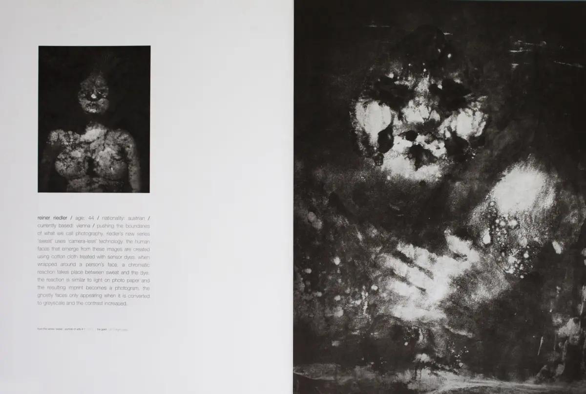 Small grayscale portrait of a person on white page; opposite page shows a large black-and-white abstract texture.
