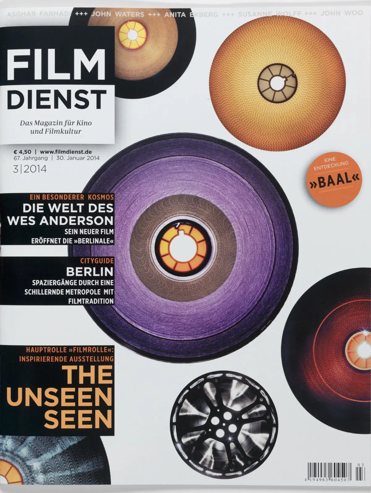 Magazine cover for FILM DIENST showing large vinyl records in orange, purple, and black with bold text blocks.