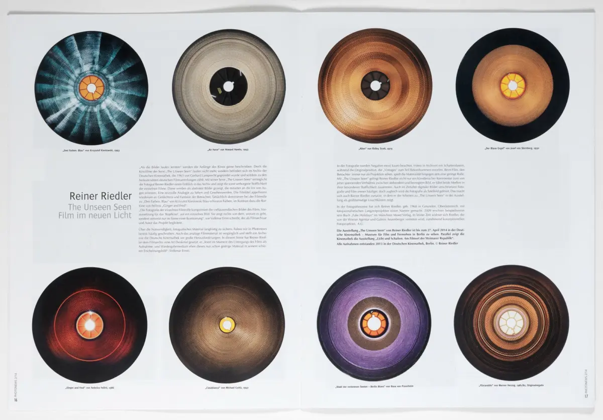 Two-page spread of colorful vinyl records with grooved patterns, captions, and text about Reiner Riedler's The Unseen See.