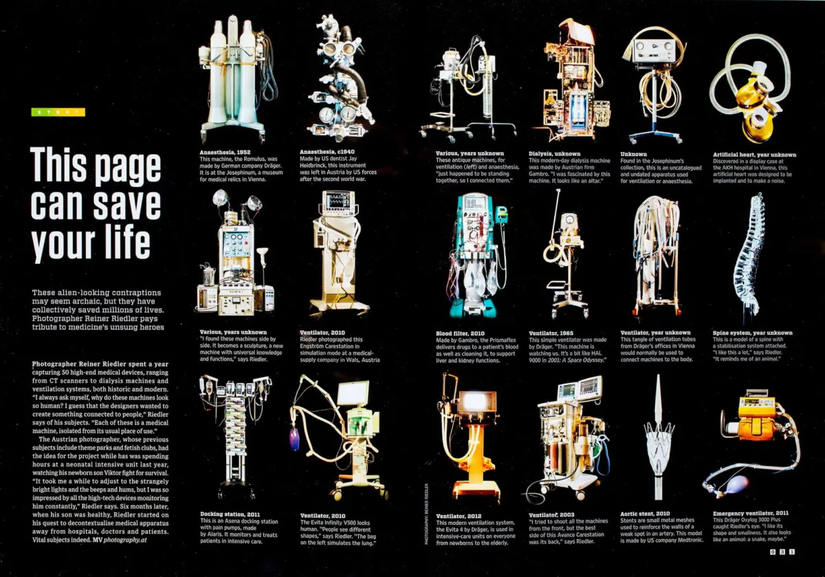 Row of medical devices from vintage to modern on a black wall; left side displays a large title: This page can save your life.