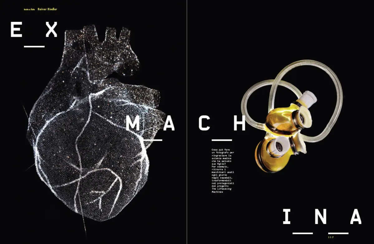 Split black poster displaying a dotted wireframe heart on the left and a yellow gas mask on the right; 'EX MACHINA' across the center.