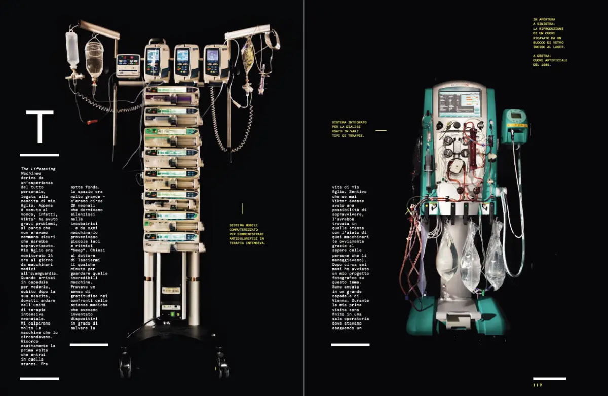 Two medical devices on black background: left a tall infusion-pump tower with IV bags; right integrated dialysis system with tubing and monitor.