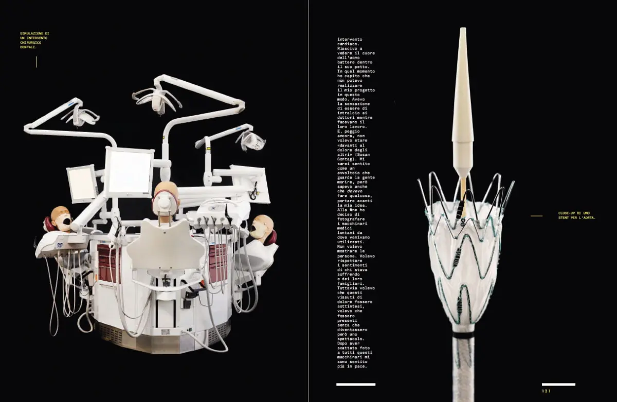 Dental surgery simulator featuring a mannequin patient and multiple white robotic arms; right shows a tall dental drill in a crown-shaped holder.