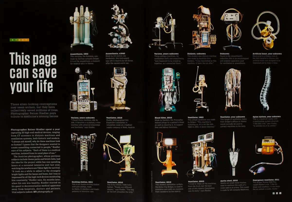 Two-page spread showing vintage medical devices on a black background; left headline reads 'This page can save your life'.