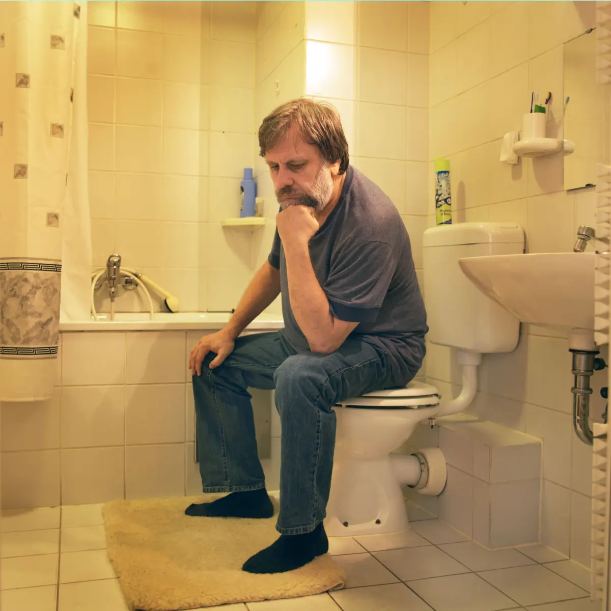 Adult person with gray beard sits on toilet, hand on chin, in a tiled bathroom.