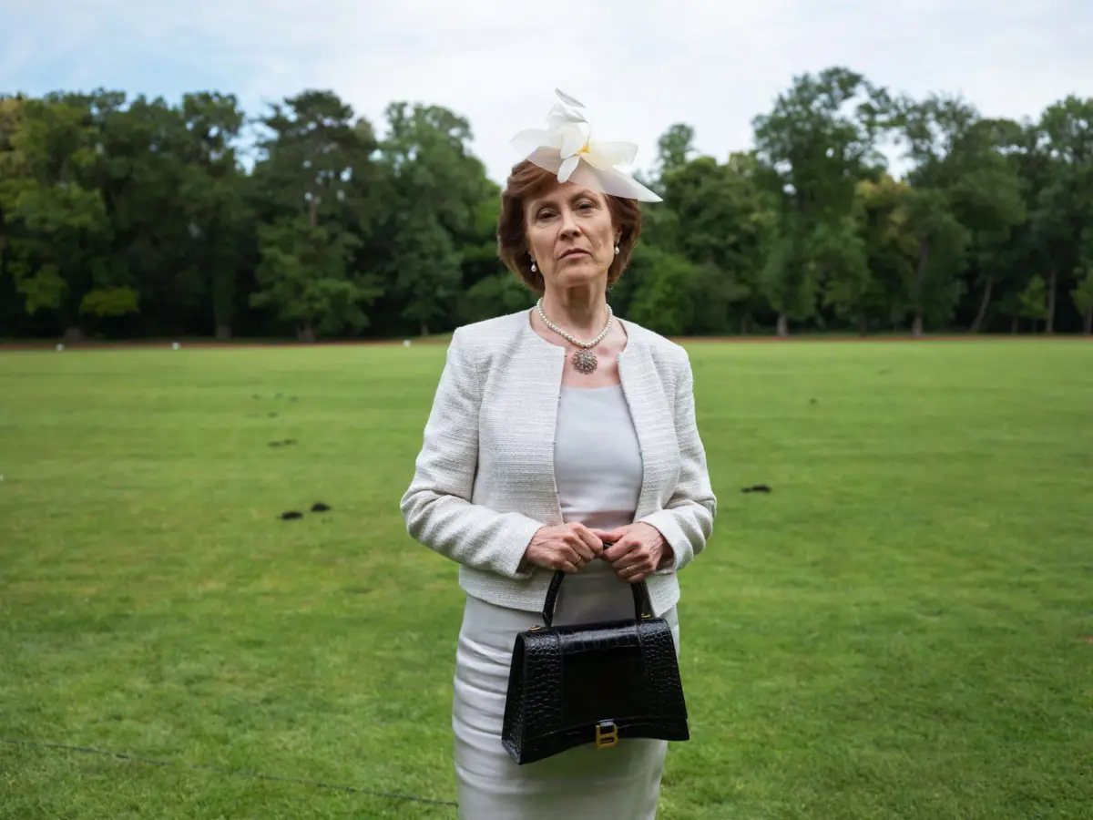 Woman in a light blazer and dress with a decorative fascinator hat, holding a black handbag in a grassy park.