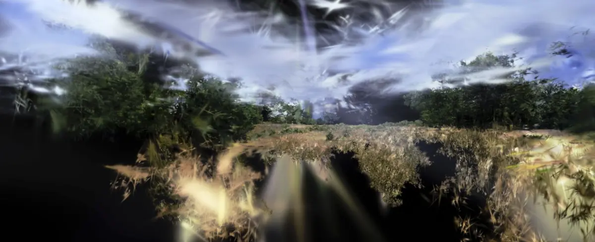 Motion-blurred landscape: dense trees along a grassy field under a cloudy sky.
