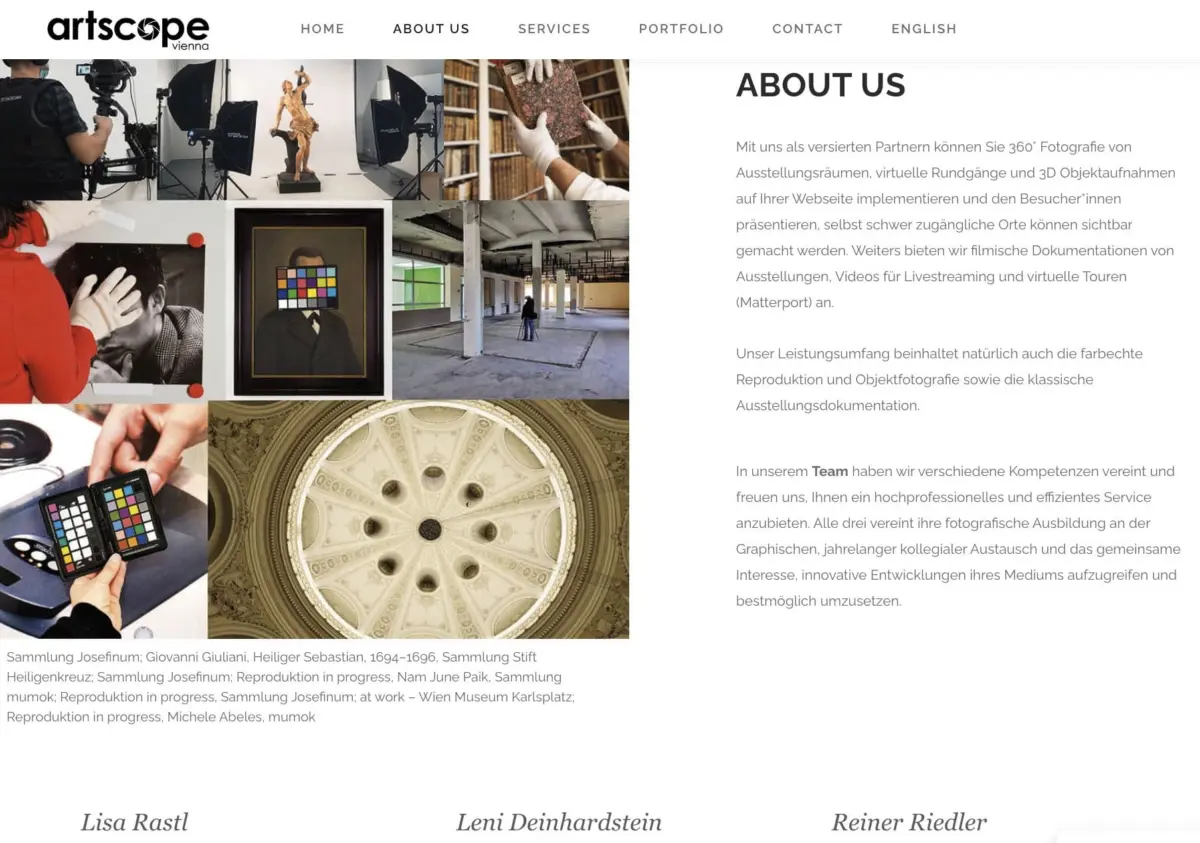 Collage of photography studio scenes and art works, including a photographer with camera rig, sculpture, color-check portrait, and ornate ceiling.