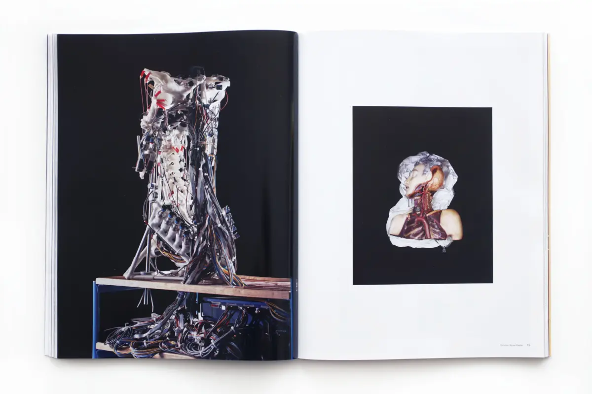 Two-page spread: left a tall humanoid sculpture made of tangled wires; right a portrait of a figure with exposed anatomy wrapped in fabric.