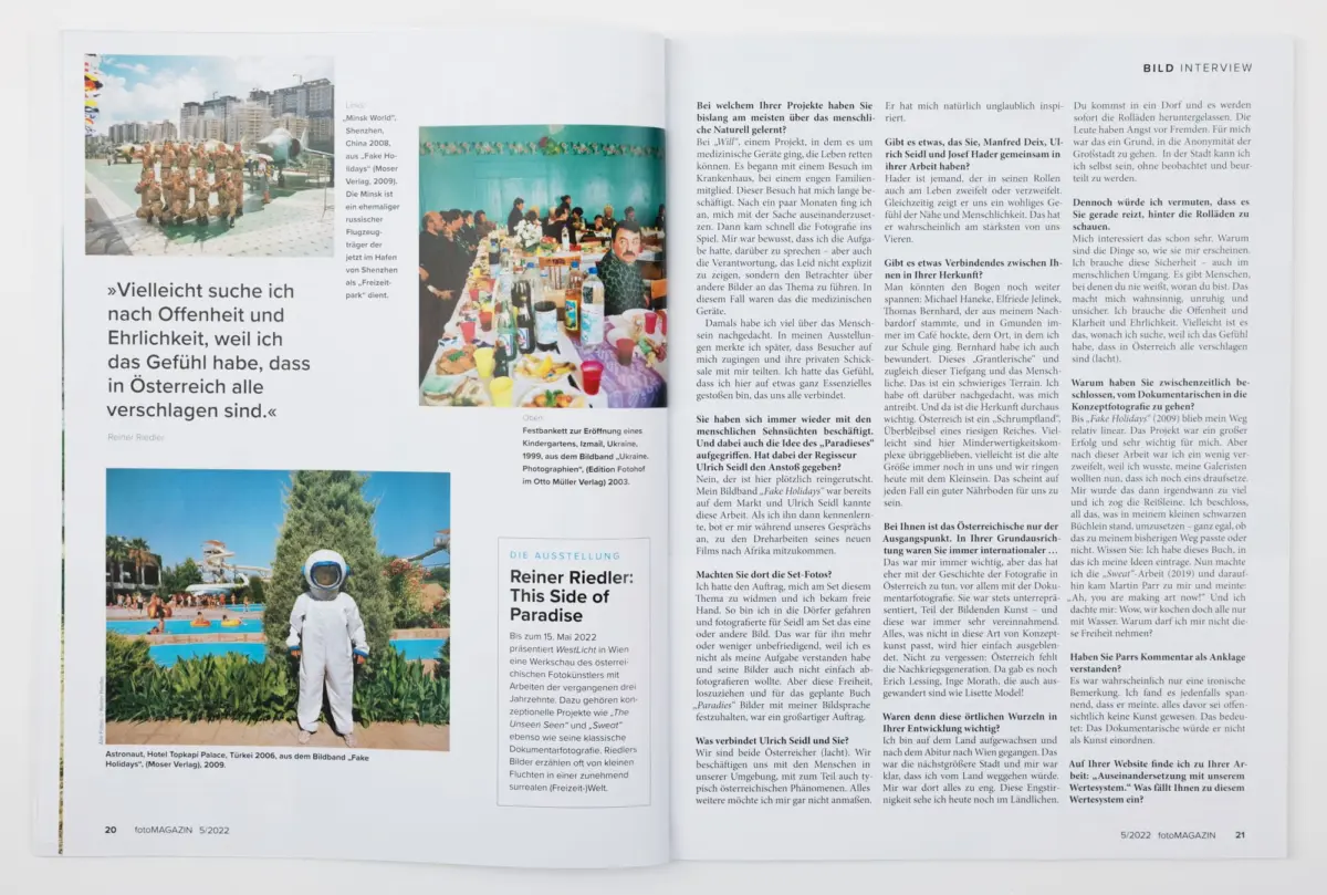 Two-page magazine spread showing three photos: people in costumes on a dock, a long dinner table, and a child in a spacesuit at a water park.