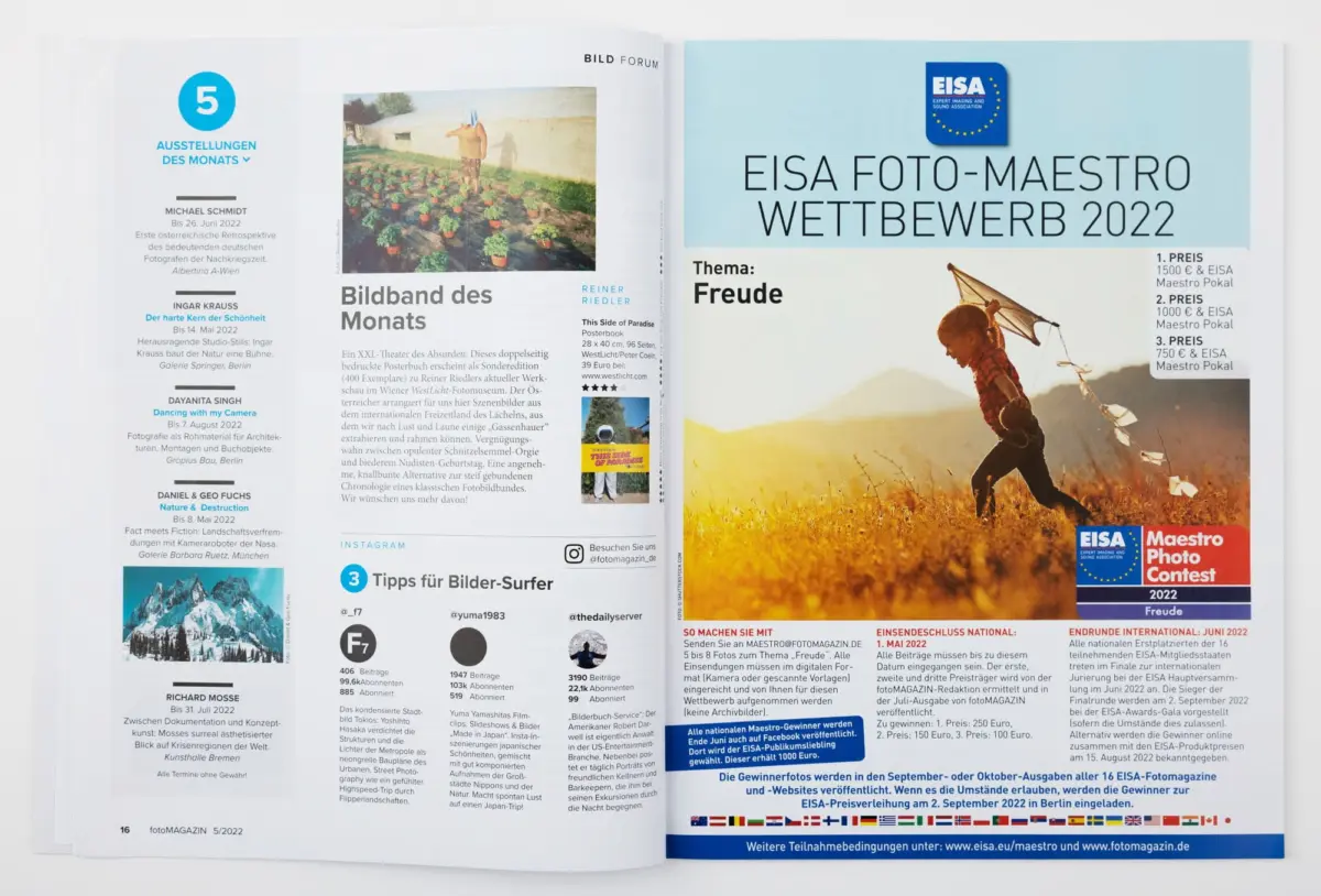 Magazine spread: left shows a gardener tending plants in a greenhouse; right features EISA Foto-Maestro 2022 with a person flying a kite at sunset.
