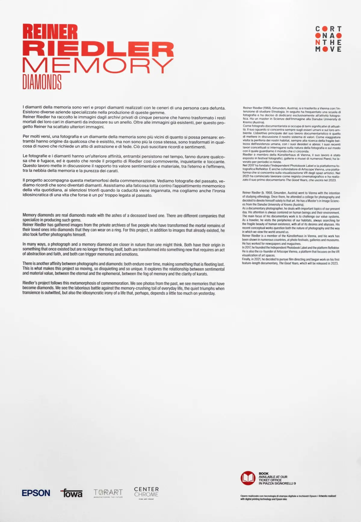 Poster for Reiner Riedler Memory Diamonds exhibition; large red typography with dense multilingual text and sponsor logos.