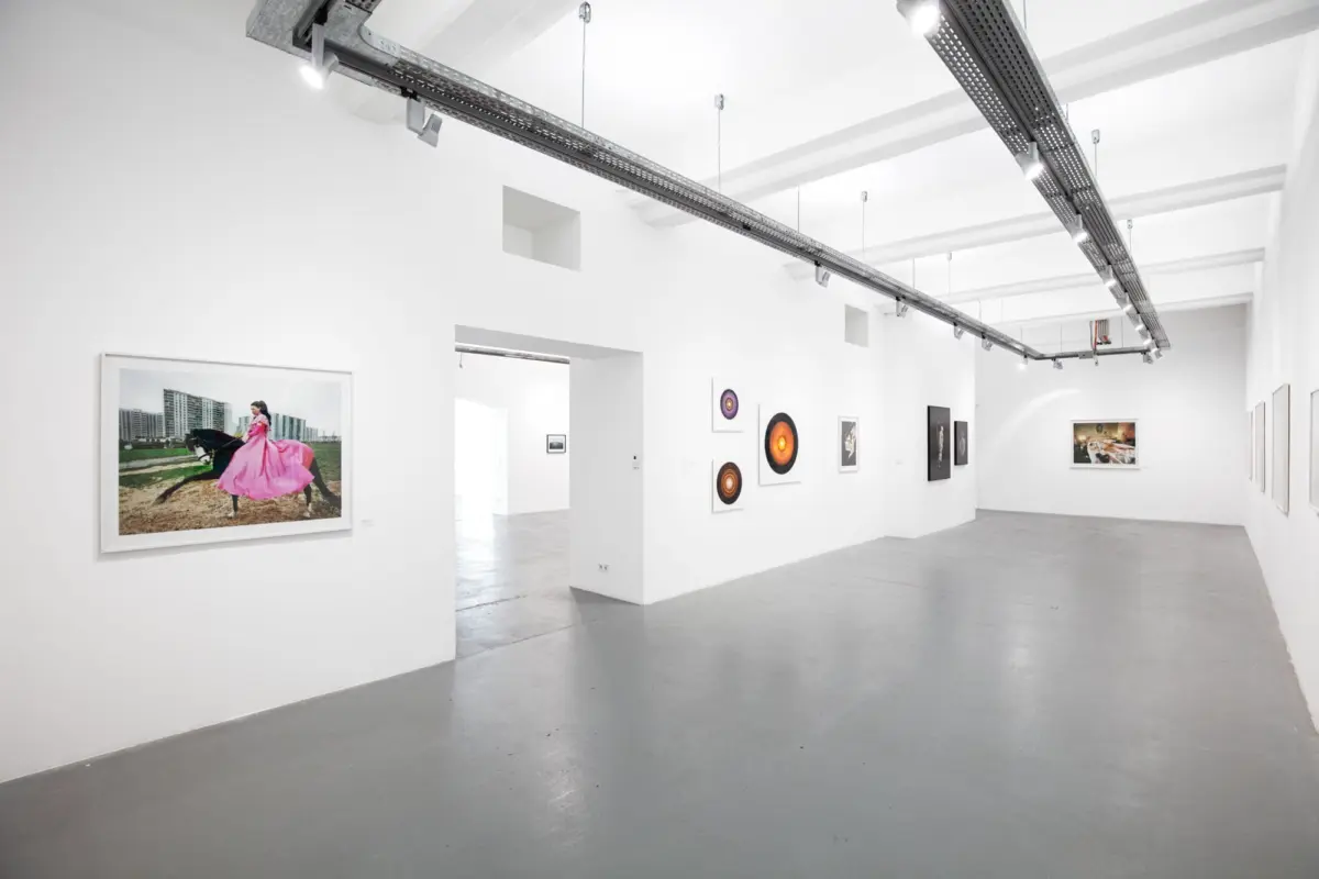 Bright white art gallery interior with framed artworks on the walls and overhead industrial track lighting.