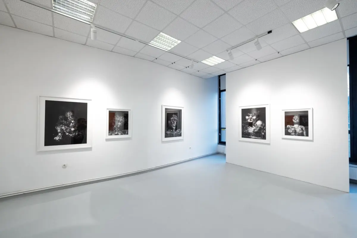 Interior of a modern art gallery with white walls and multiple framed black-and-white photographs, illuminated by overhead fluorescent lights.