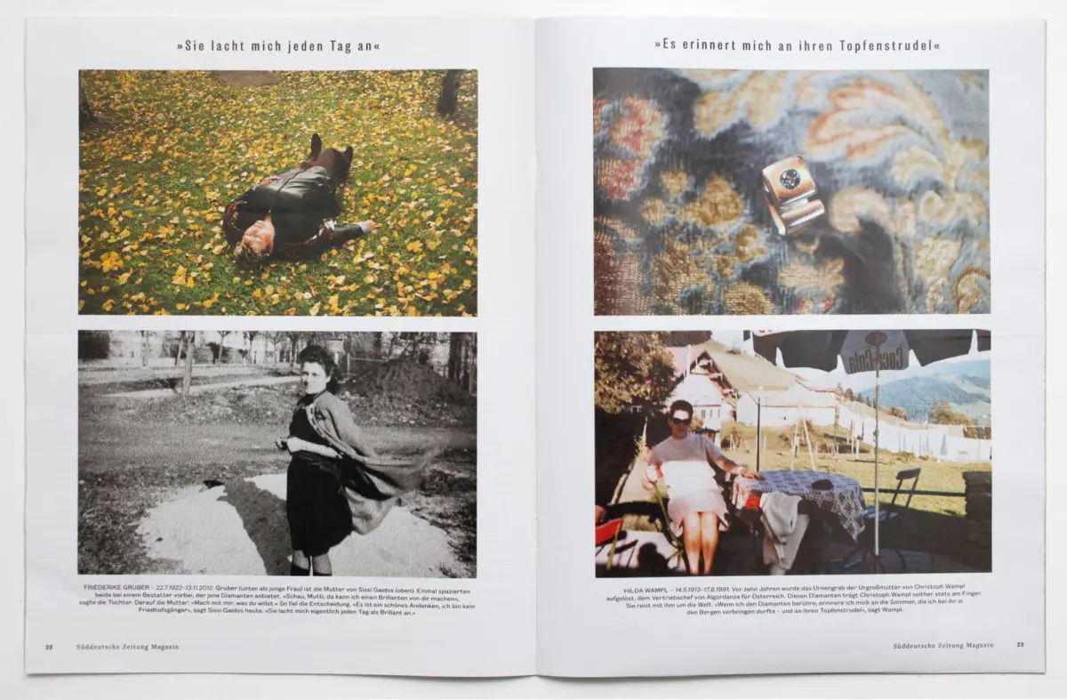 Two-page spread of four photos: man on autumn leaves; wristwatch on patterned fabric; grayscale photo of a girl; person at a campsite near mountains.