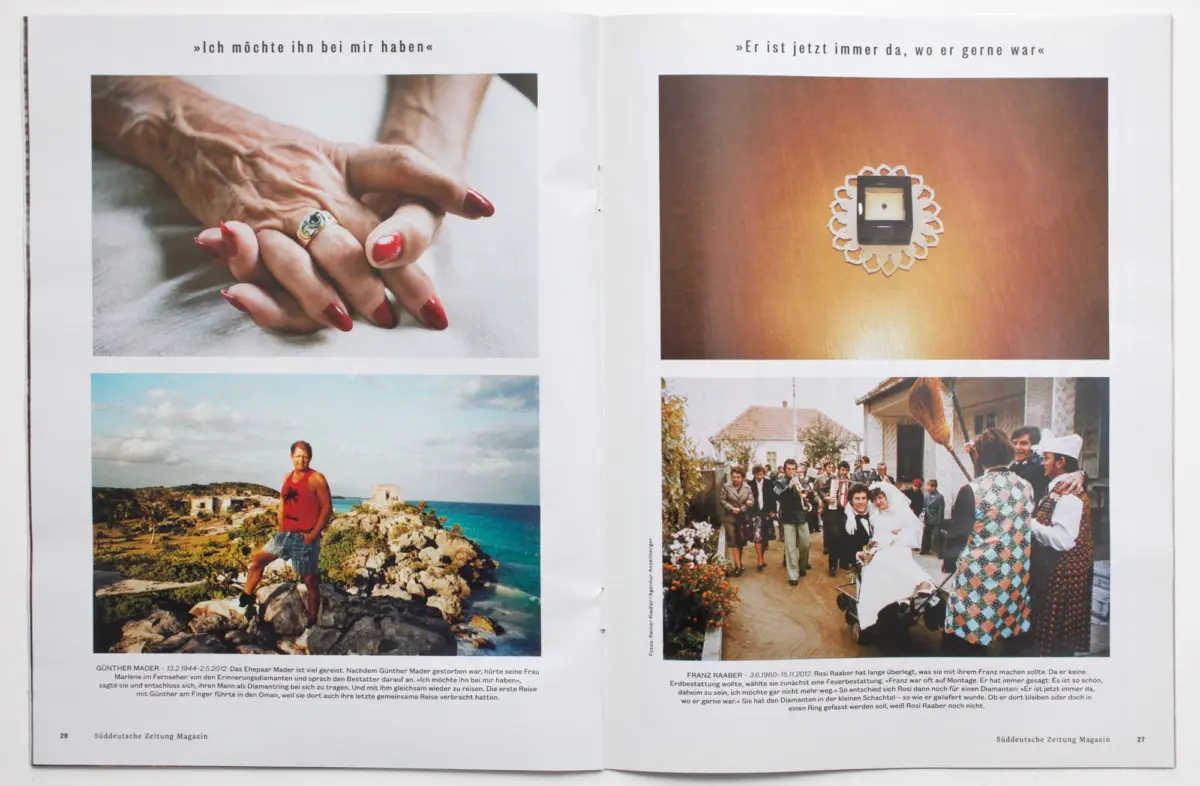 Two-page photo spread: clasped hands with a ring; square object on a lace doily; man in red shirt on rocky coastline; wedding procession in street.