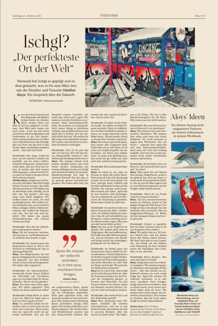 German magazine interview spread about Ischgl; photo of a snow-covered, blue-framed storefront with an EINGANG sign and outdoor benches.