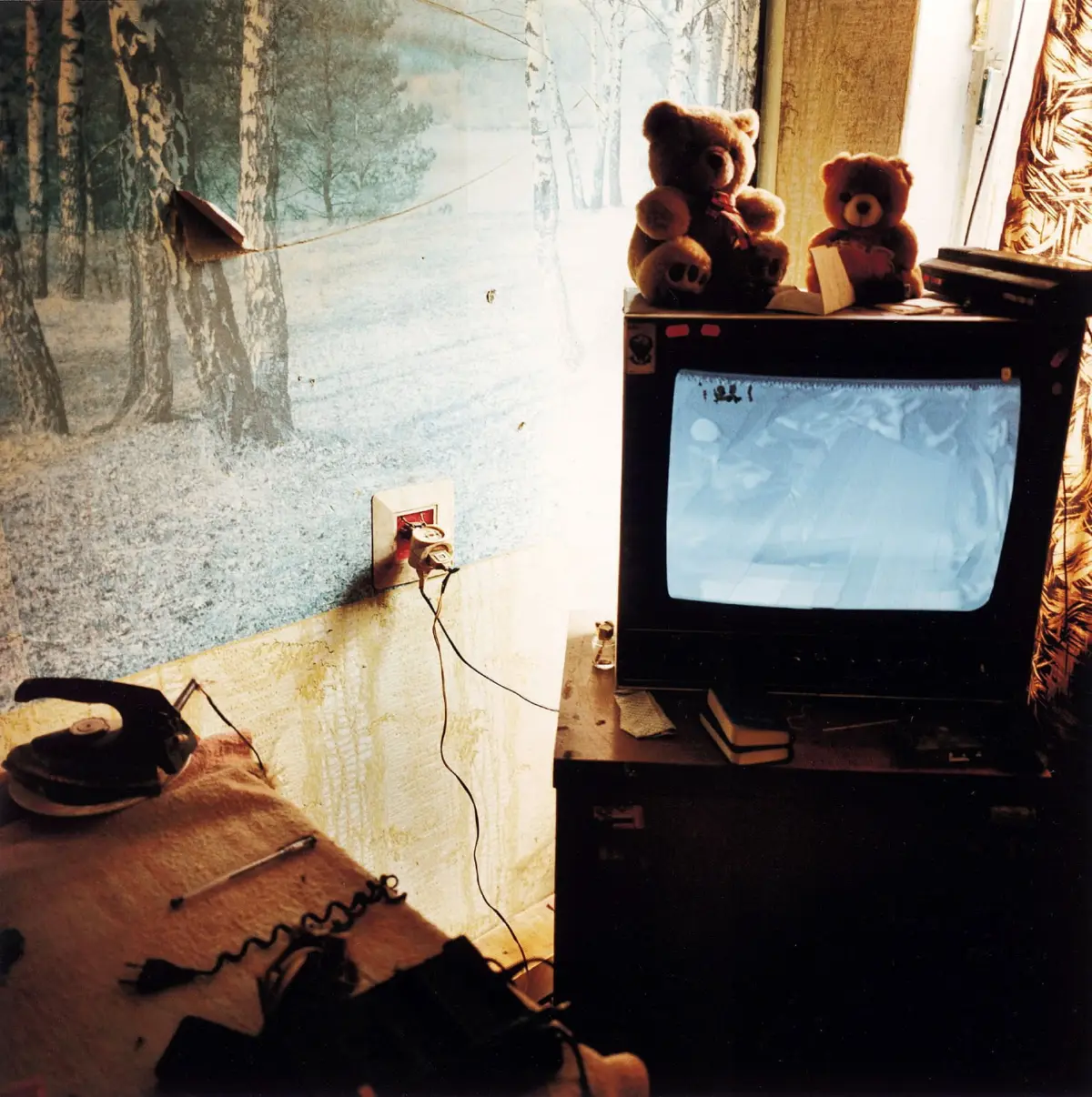 Two teddy bears perched on a black CRT television atop a cluttered shelf in a room with forest mural wallpaper.