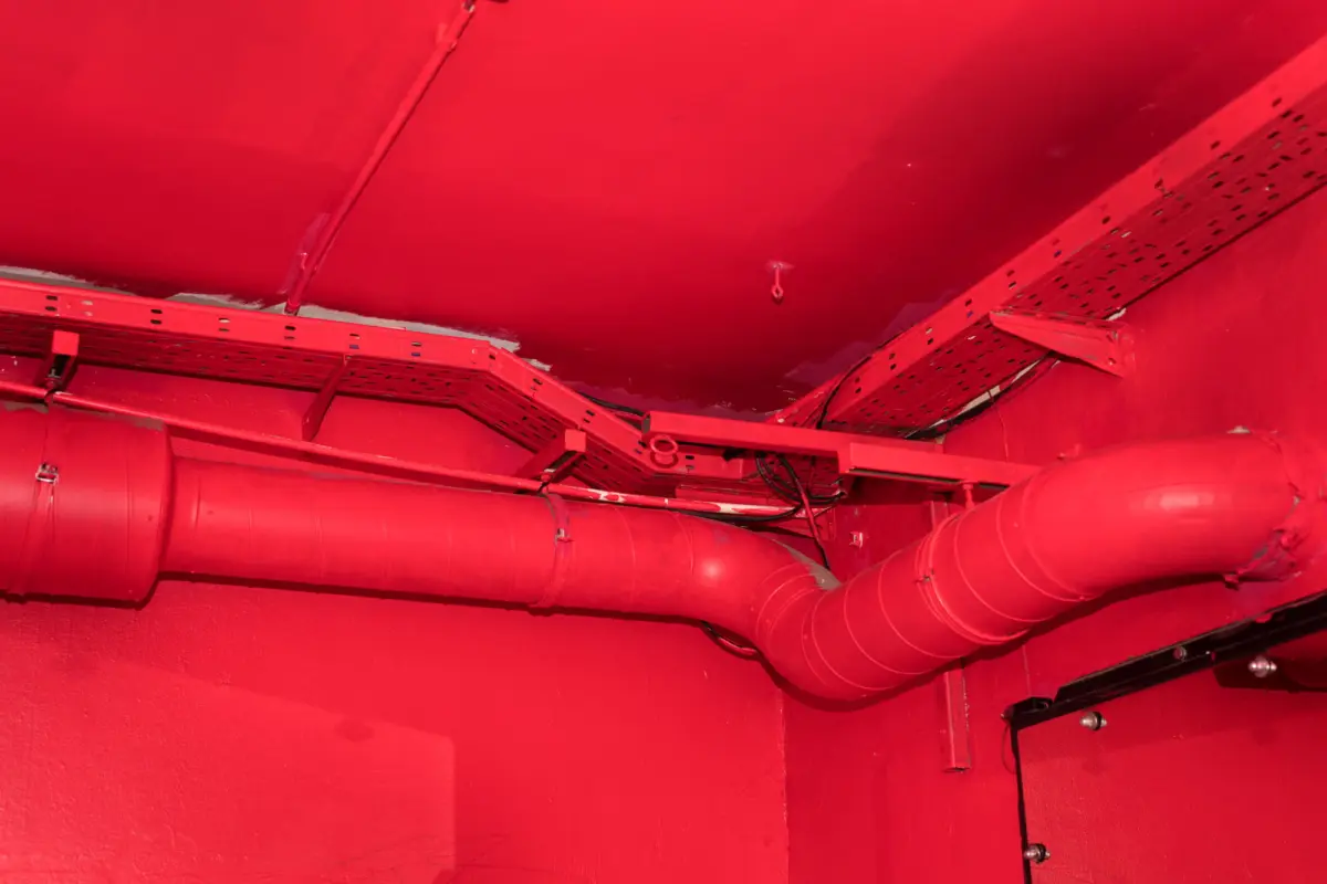 Red-painted industrial pipes and metal cable trays mounted to a ceiling in a mechanical room.