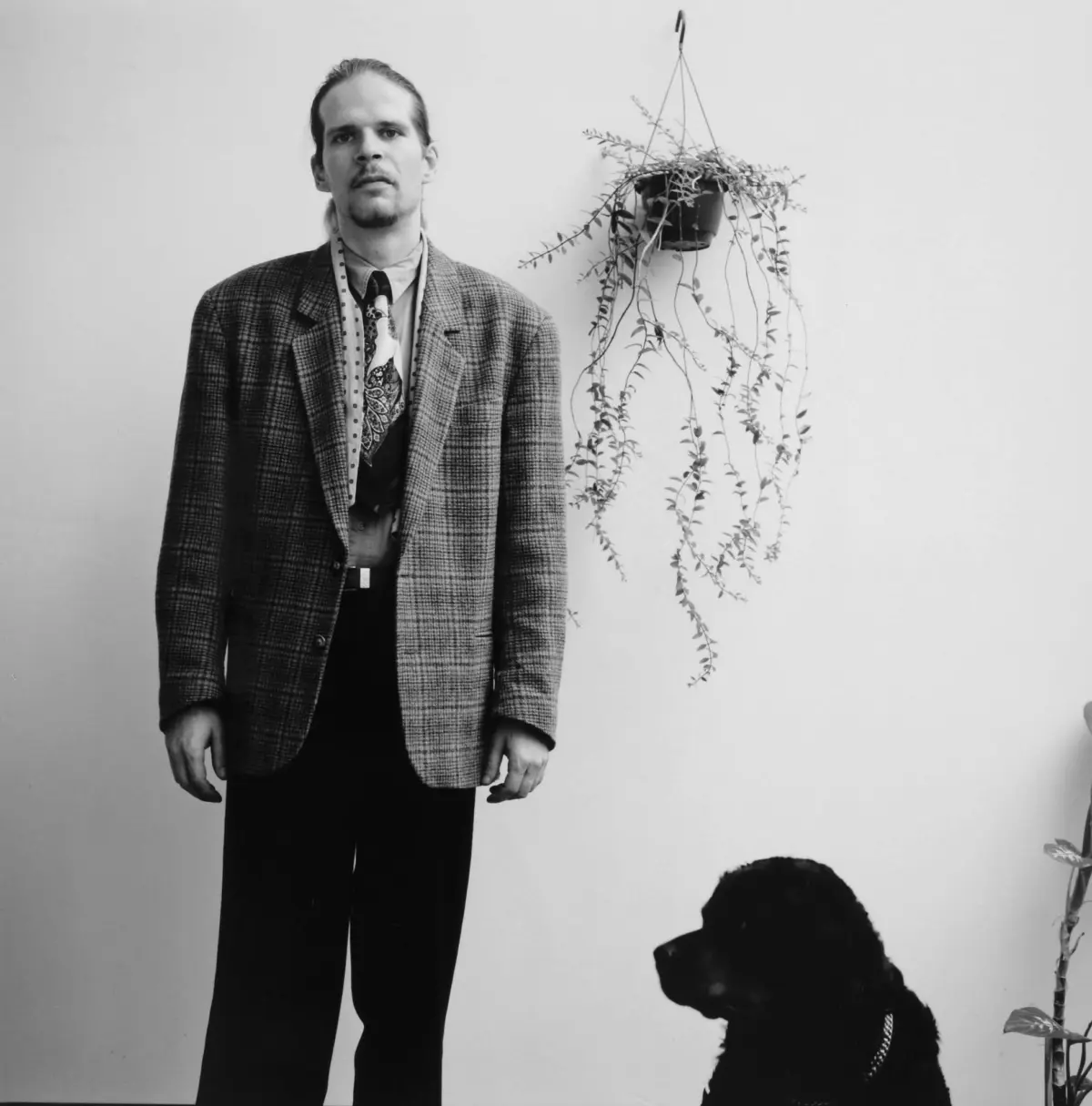 Man in a checkered blazer and patterned tie stands beside a hanging trailing plant on a plain wall; a black dog sits nearby.