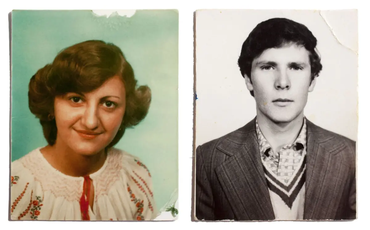 Two portraits side by side: left, person with brown hair in embroidered blouse against green; right, person in plaid blazer against white.