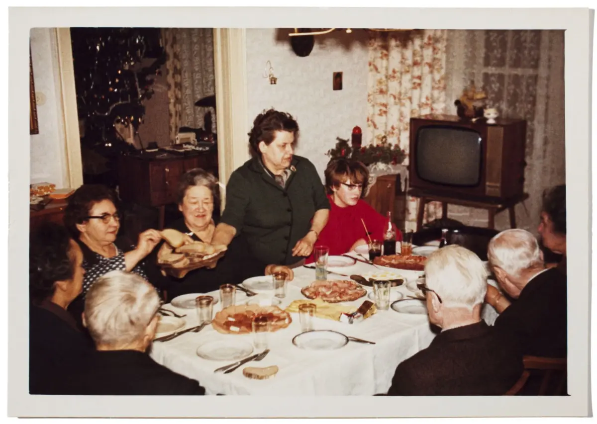 Adults around a dinner table in a retro living room; a standing person in a green jacket serves food beside a vintage television.