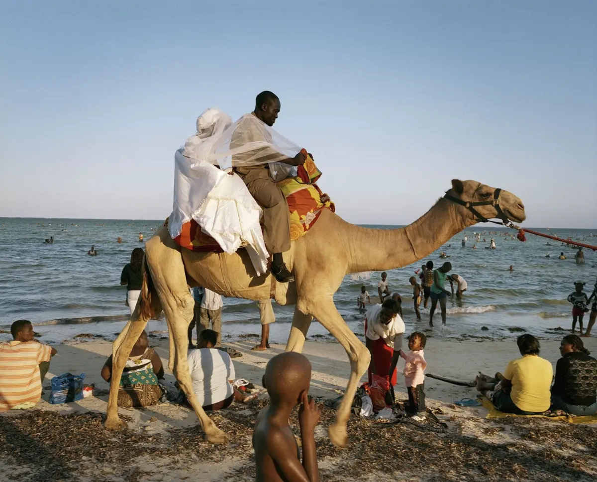 Camel with two riders on a beach; one rider wears a white wedding dress and veil; ocean and beachgoers in the background.