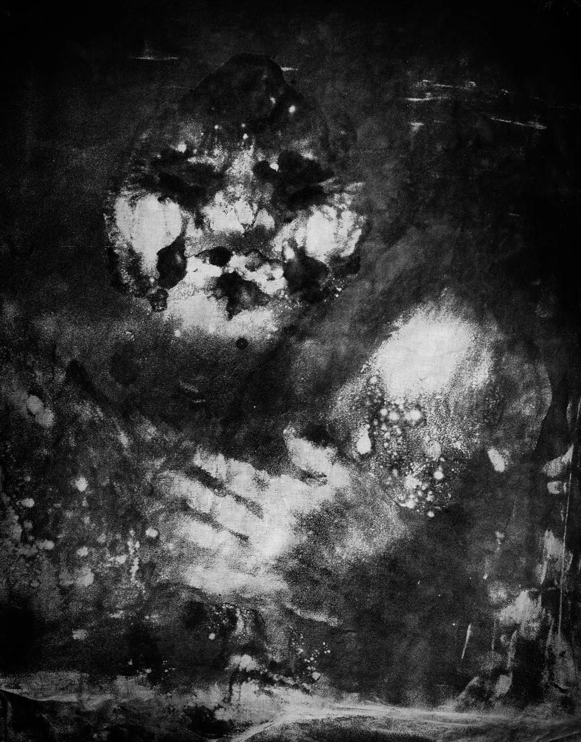 Abstract grayscale texture with dark patches and scattered white blotches.