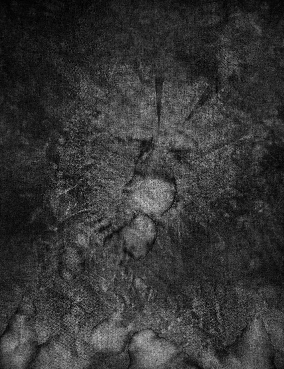 Gray rock wall surface with crater-like circular marks radiating outward.
