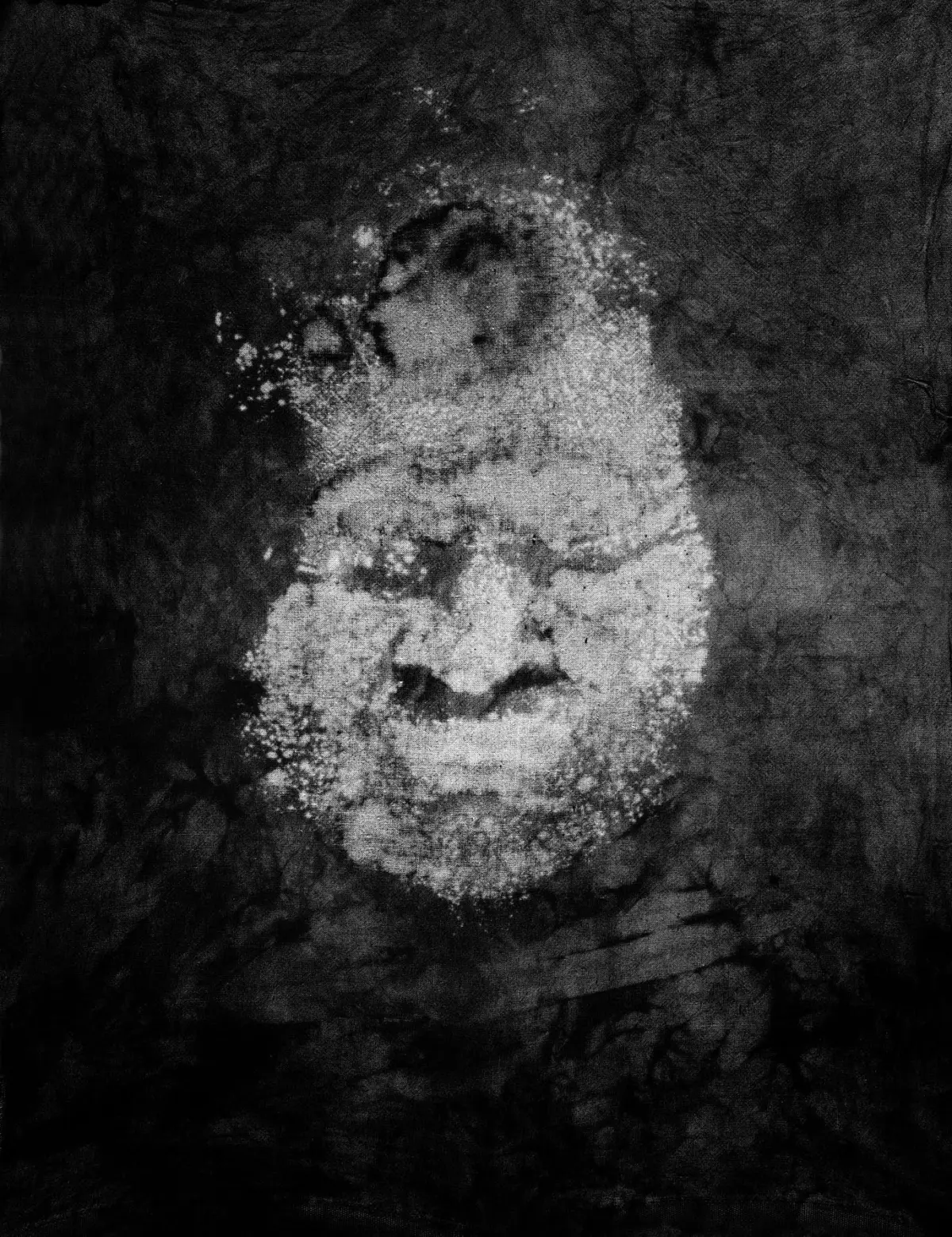 Human face formed by white speckles on a dark, textured background.