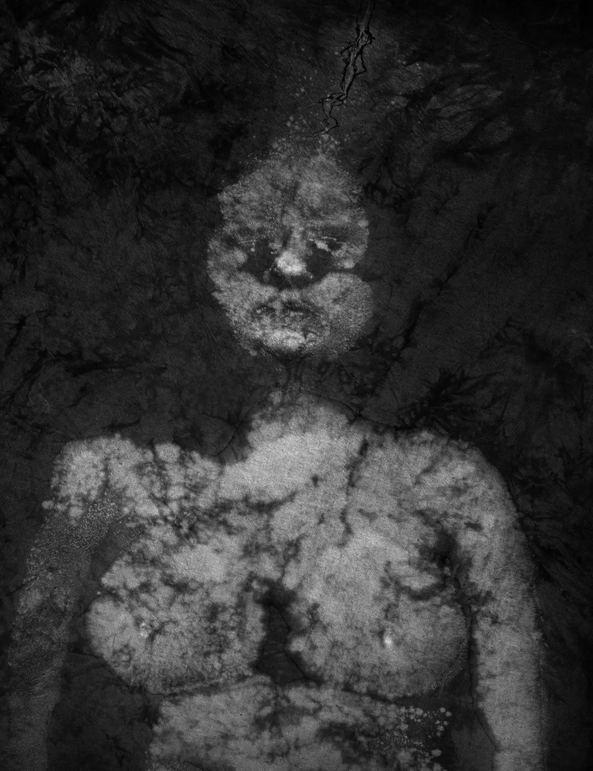 Adult person, shirtless, standing upright in a dark, textured setting with cloudy overlay across the figure.