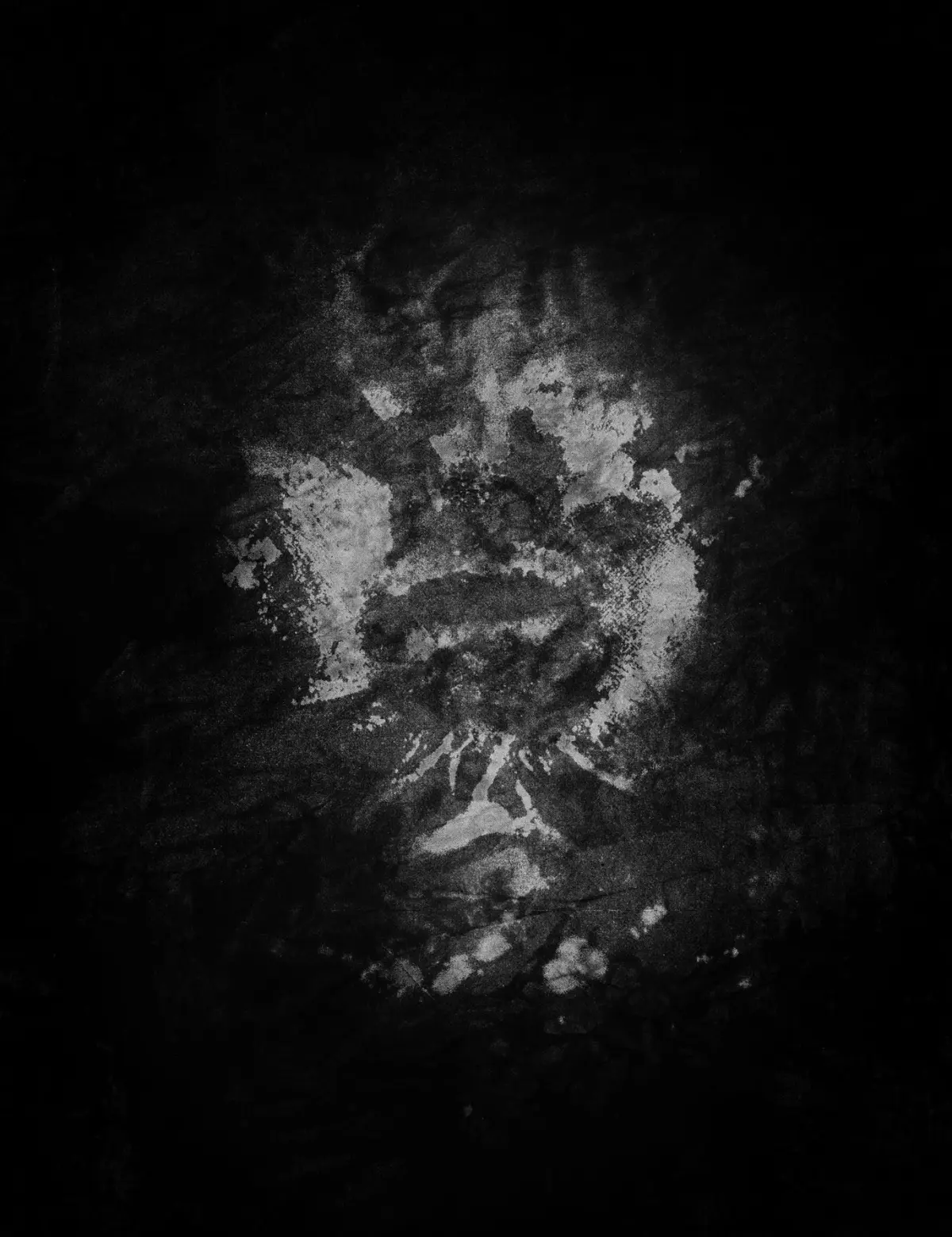 Abstract white splatter on a black background forming a skull-like pattern.