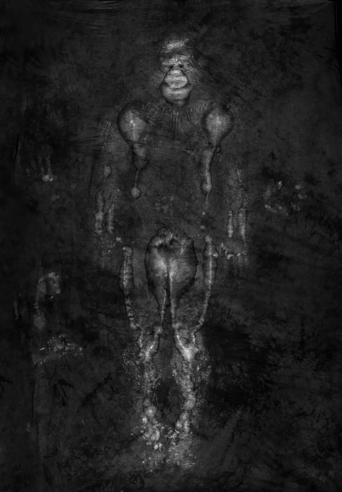 Central mineral formation on a textured, dark cave wall resembling a humanoid figure.
