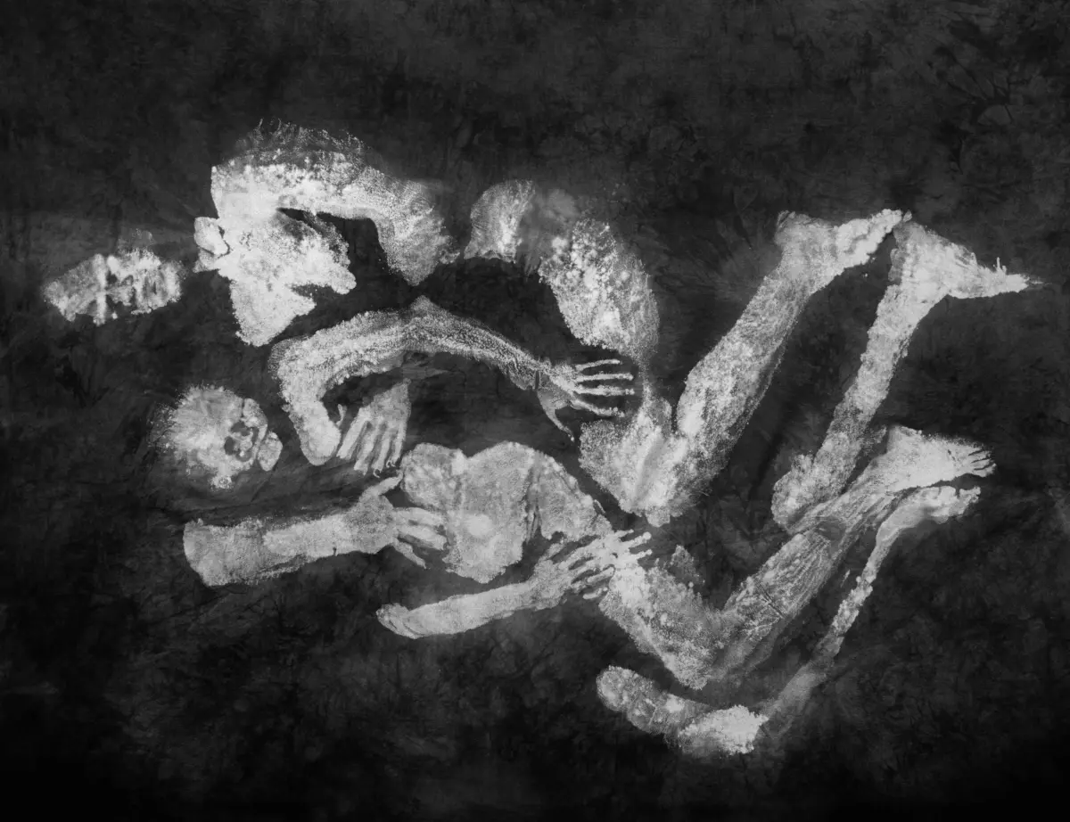 Abstract grayscale texture with white chalky ridges on a dark, cracked background.