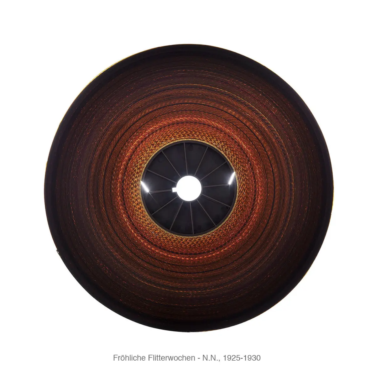Circular woven lampshade with radial spokes and central hole; warm orange-brown concentric rings on white background.