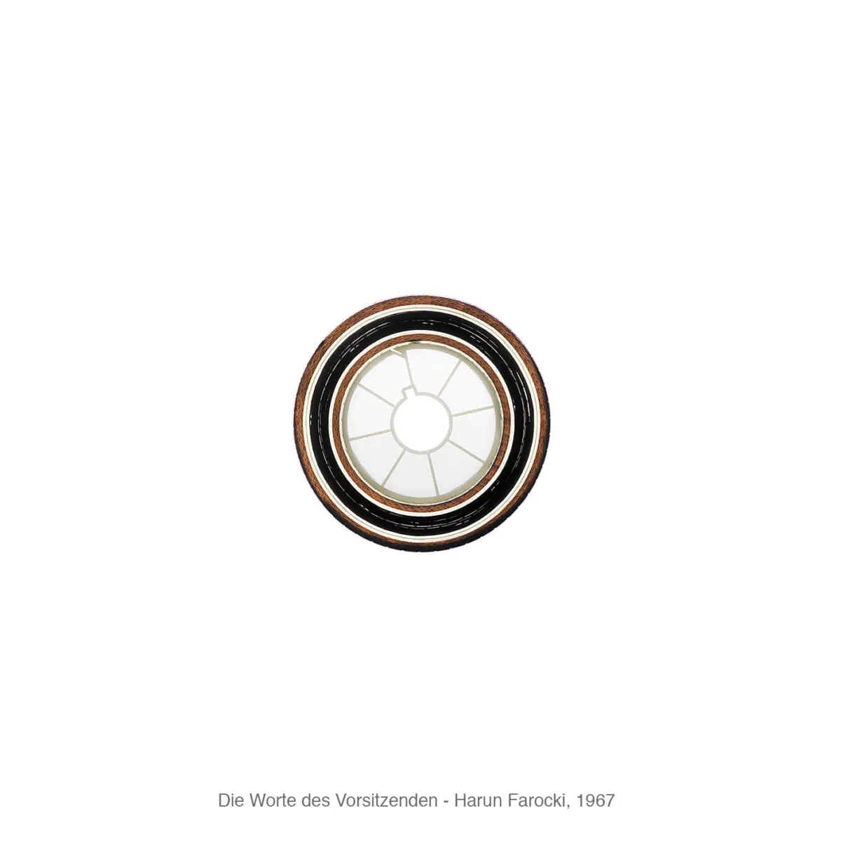 Round ceiling light fixture with wooden outer ring, black inner ring, and glass center.