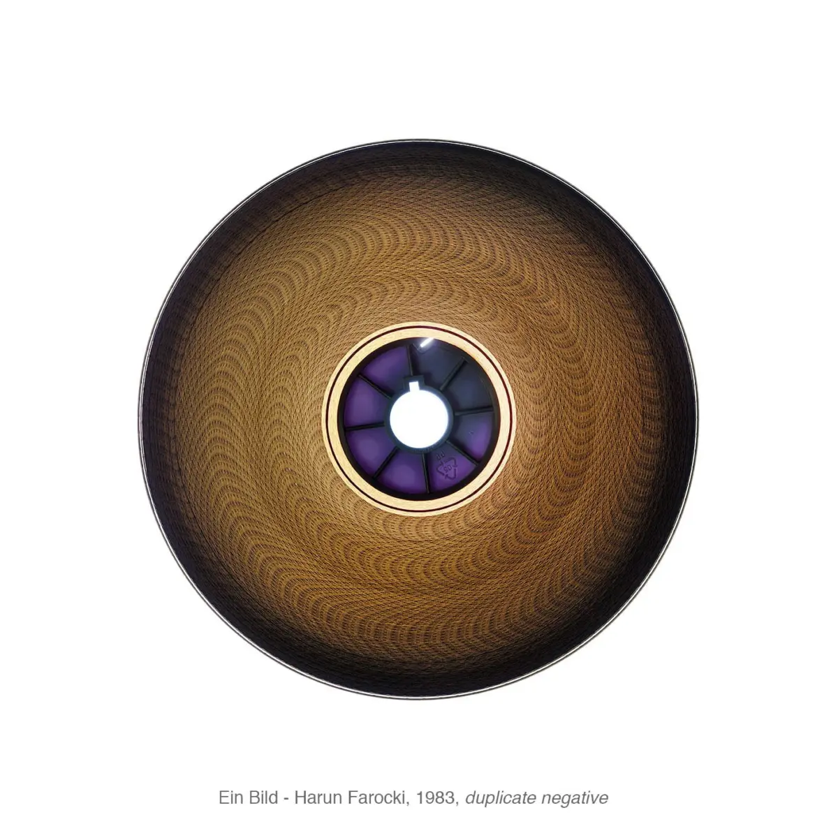 Circular pendant lampshade, viewed from above, brown woven interior with purple central hub and radial spokes.
