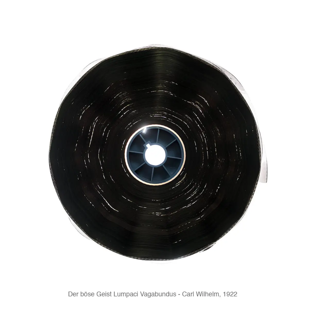 Top-down view of a black vinyl record with a blue center hub on a white background.