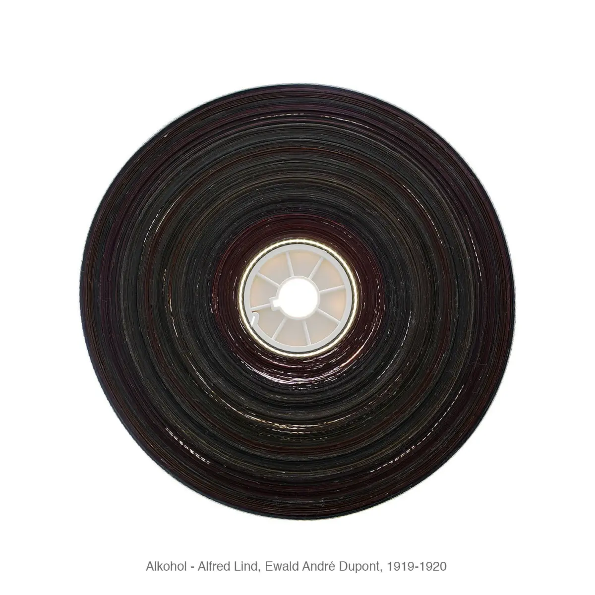 Top-down view of a dark brown circular disc with concentric ridges and a white plastic hub on a white background.
