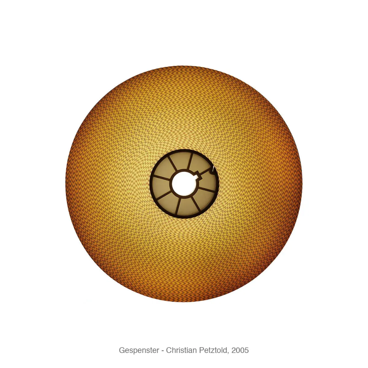 Donut-shaped orange woven torus with central beige hub on a white studio background.