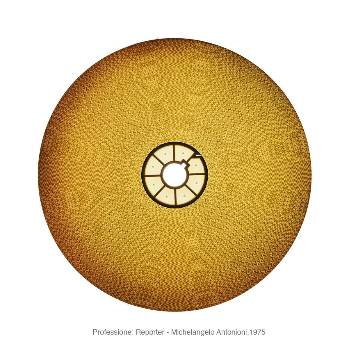 Close-up of a large golden woven circular pendant lamp with a segmented central ring.
