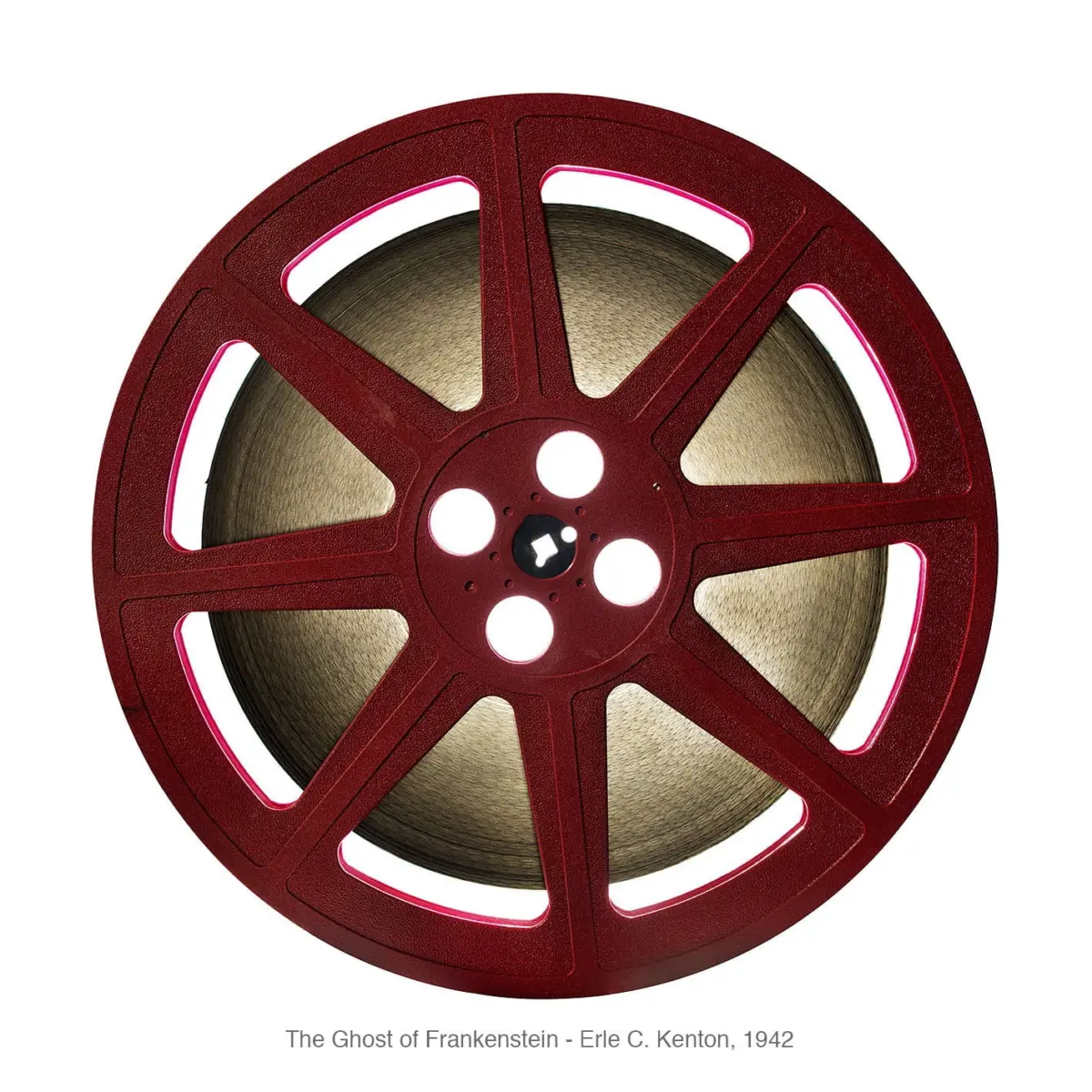 Red film reel with gold film wound around the hub, against a white background.