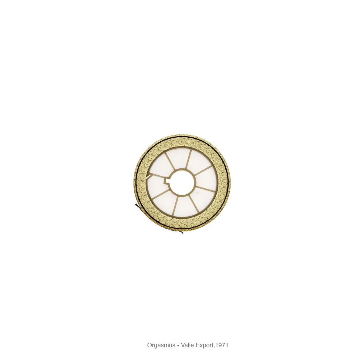 Round ceiling light fixture with a gold ornate rim and white segmented glass, on a white background.
