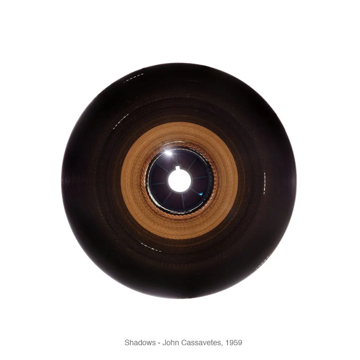 Close-up of a dark brown circular disk with concentric rings and a bright central hole against a white background.