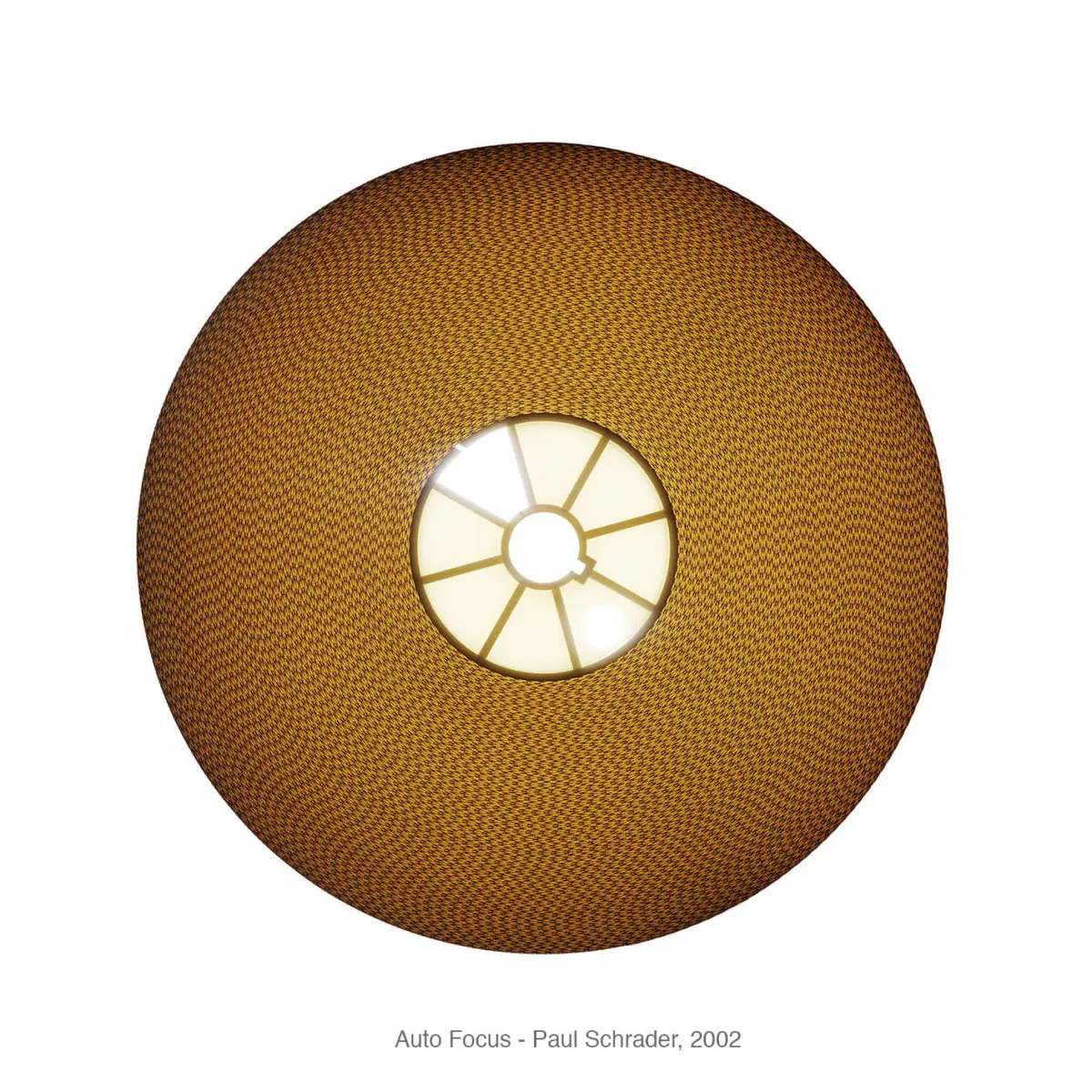 Round woven rattan pendant lamp with a glowing central circular glass panel, isolated on a white background.